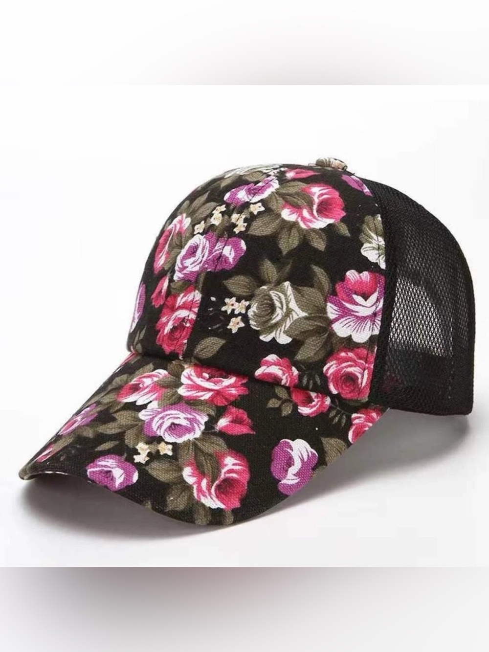 Floral Mesh Trucker Cap - Pink Rose Print on Black